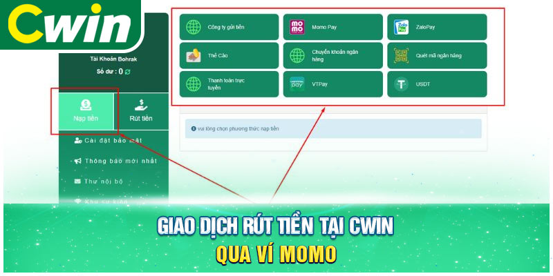 Giao dịch rút tiền tại CWIN qua ví momo